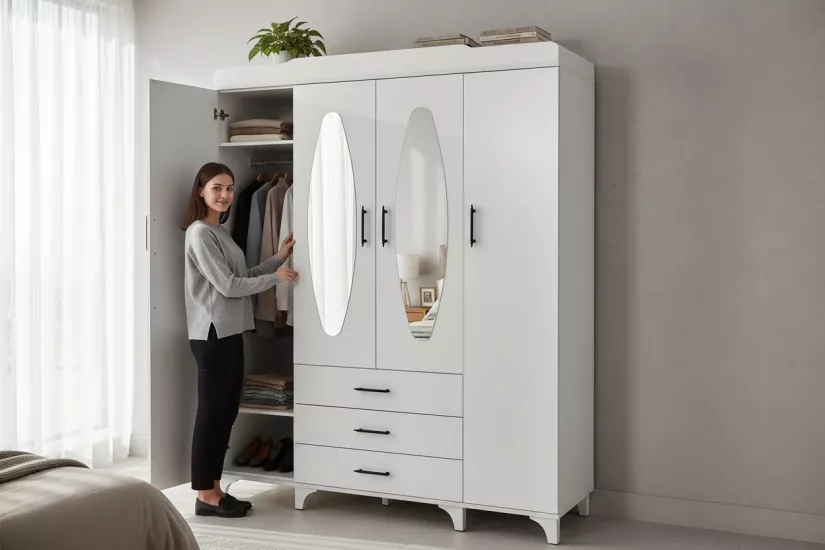 DMP-G104T 4 kapılı 3 çekmeceli aynalı gardolap