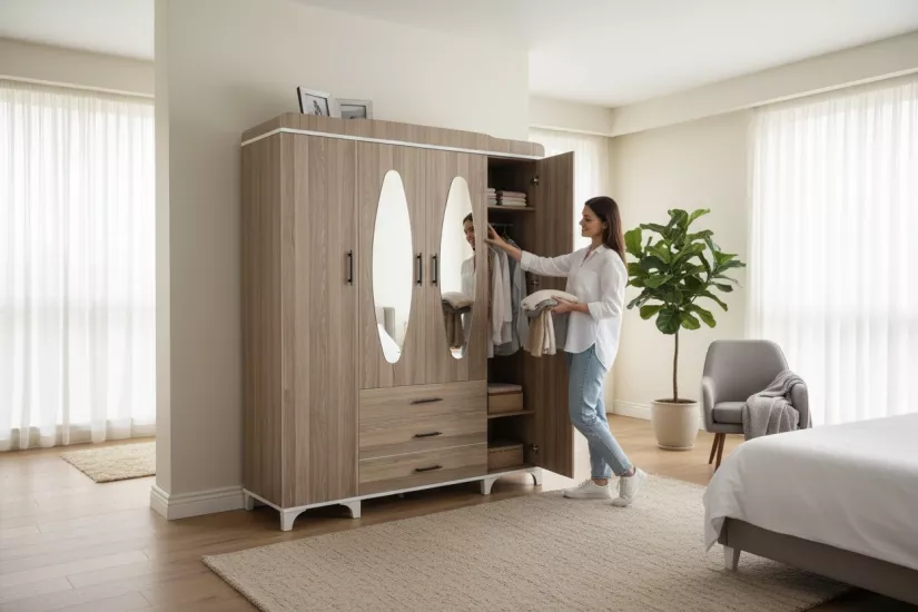 DMP-G104T 4 kapılı 3 çekmeceli aynalı gardolap