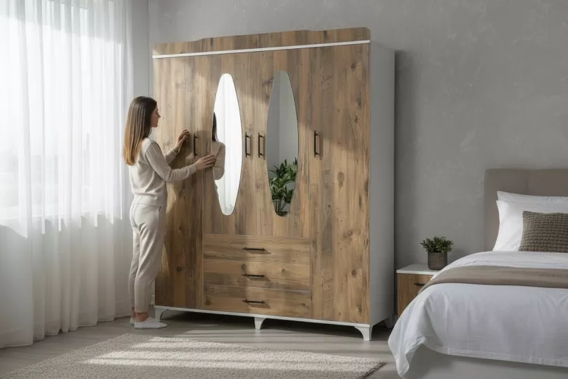 DMP-G104T 4 kapılı 3 çekmeceli aynalı gardolap